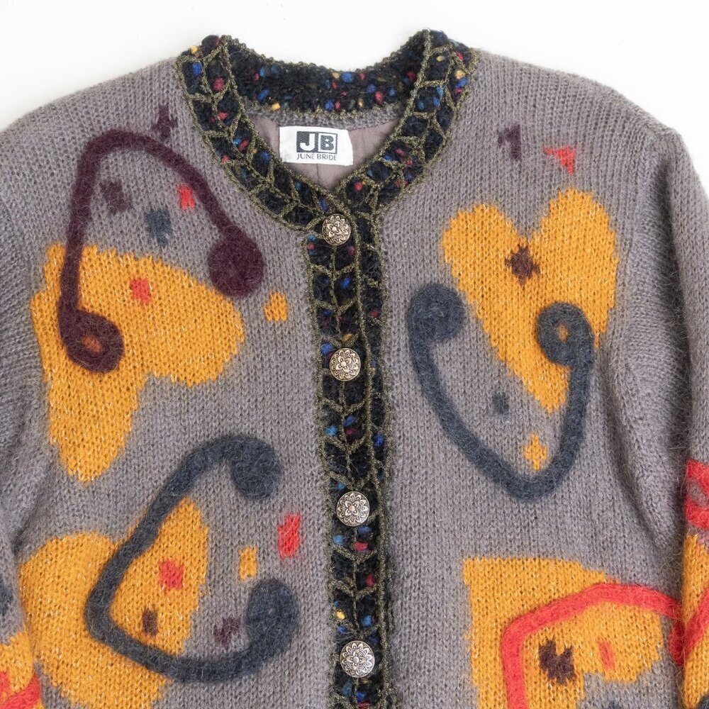 Vintage Mohair Wool Blend Cardigan Jacket Beaded Gray Multicolor June Bride - Picture 4 of 15